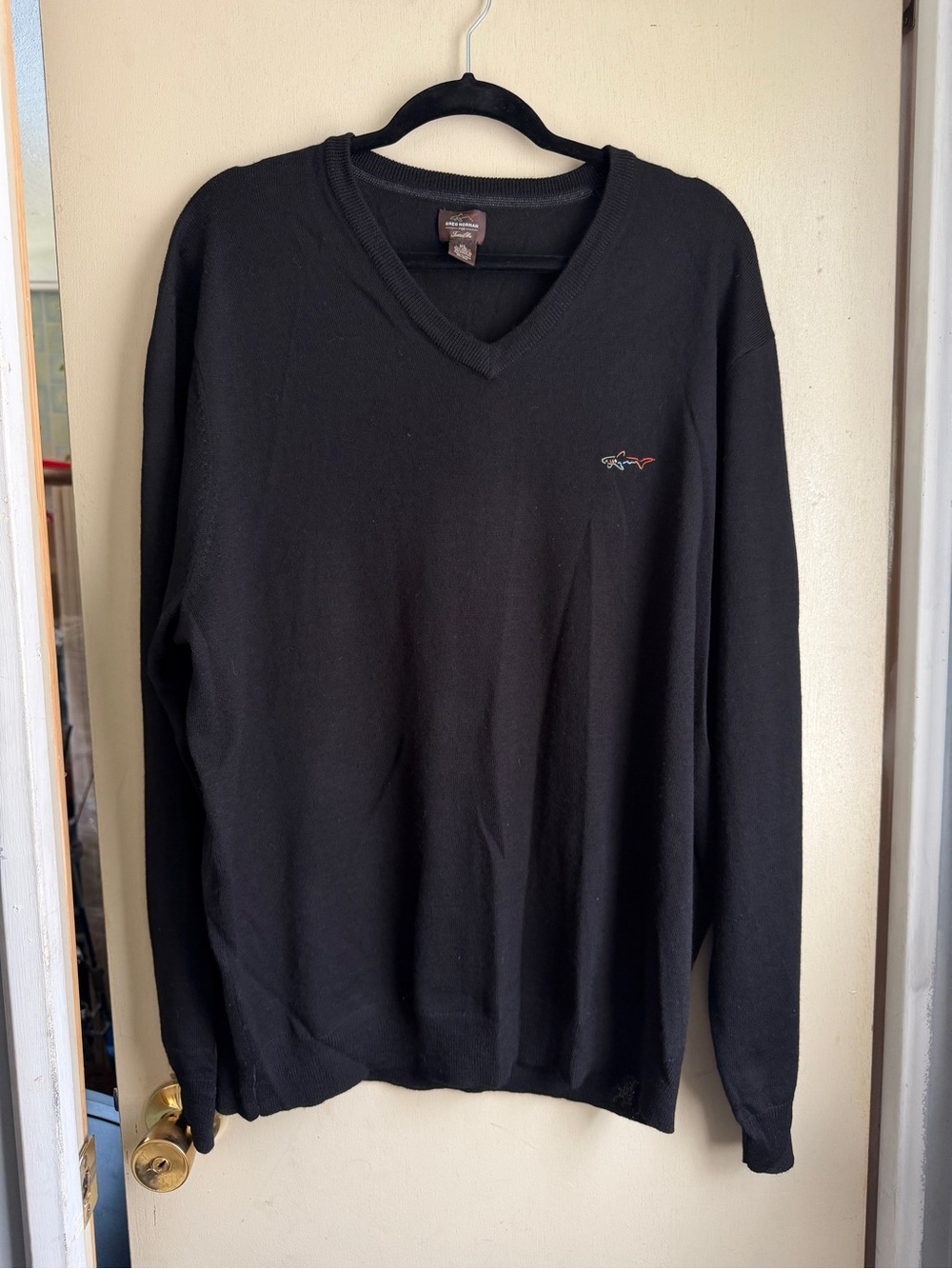 Greg Norman Collection Black V-Neck Sweater with Small Shark Logo